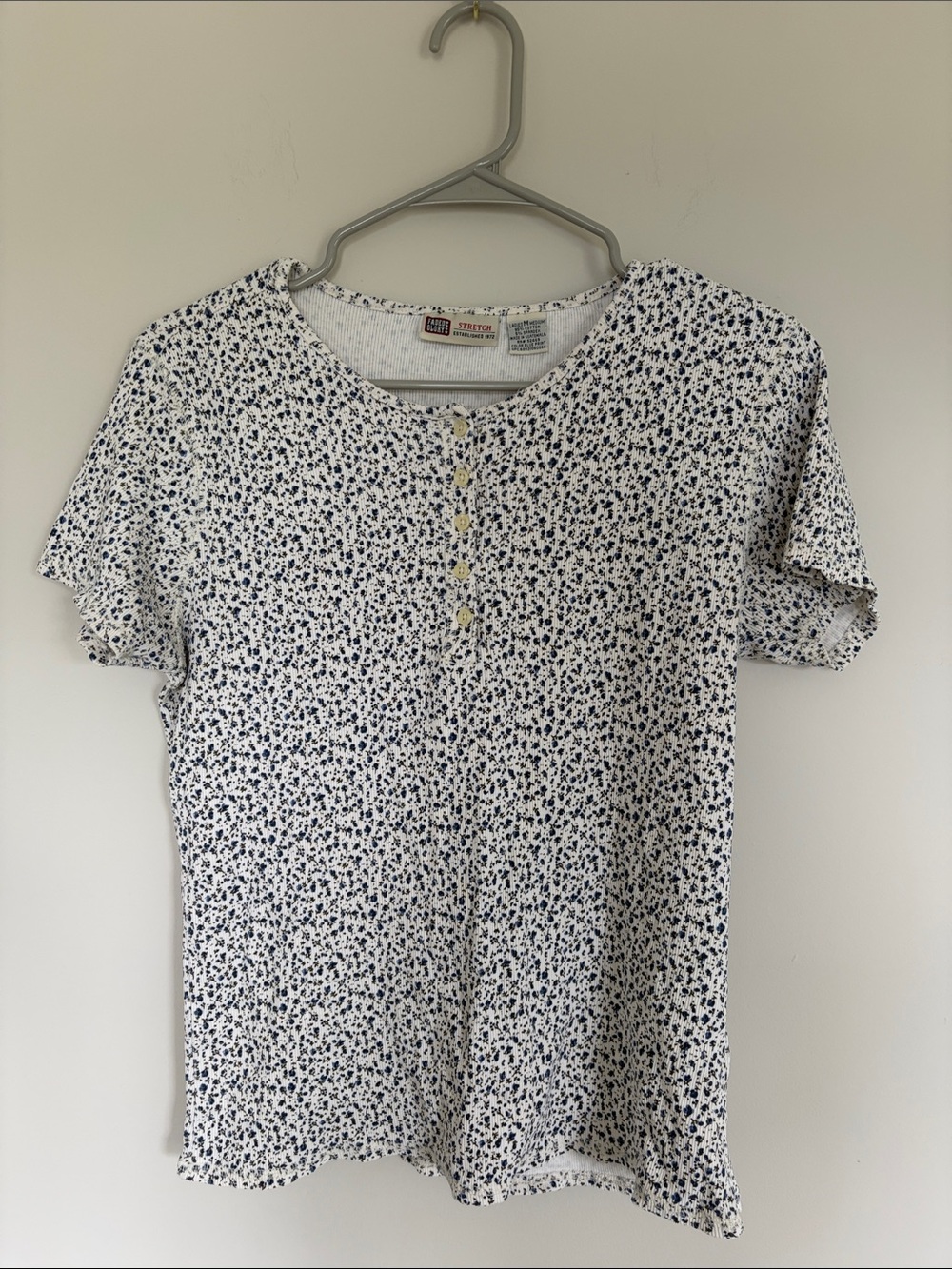 Cozy Floral Henley Tee - White with Navy Floral
